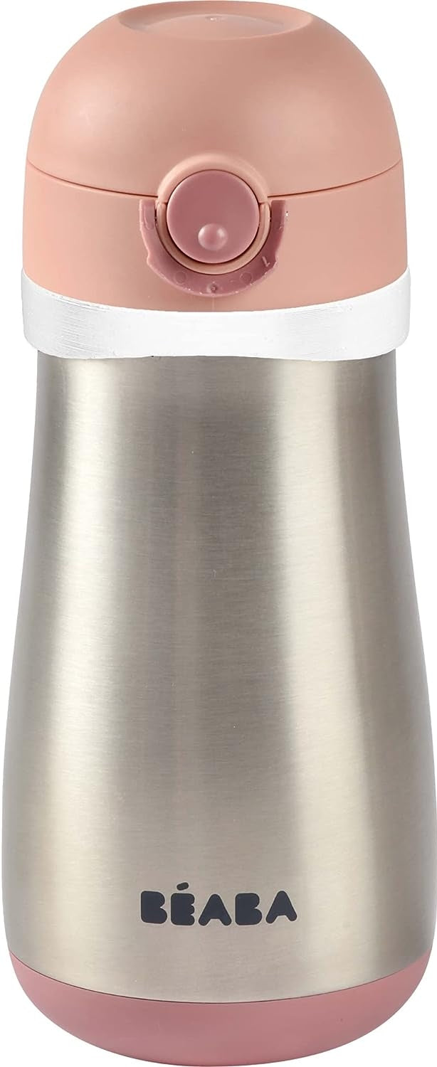 BEABA stalowy bidon termiczny termobutelka 350 ml, różowy, używany, stal nierdzewna, BPA free