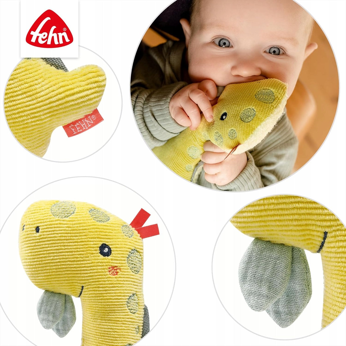 FEHN peluche con sonajero y silbato DINO 17,5 cm para bebés