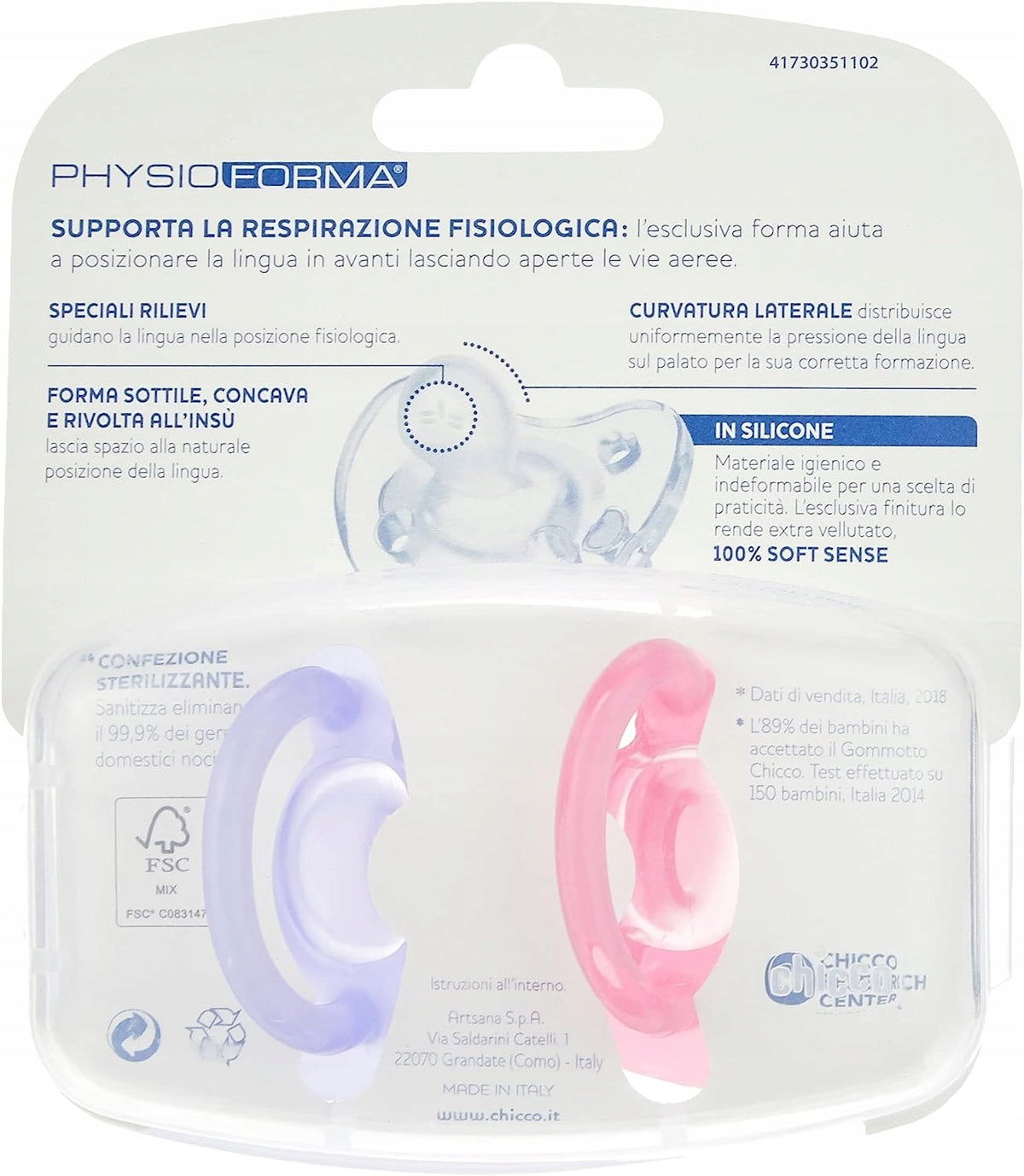 CHICCO PhysioForma smoczek x2 16-36m silikonowy, uspokajający, BPA/BPS free, różowy i fioletowy