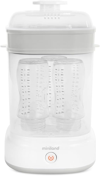 MINILAND Esterilizador de vapor 2en1 Steamy para 5 biberones, 8 minutos + pinzas