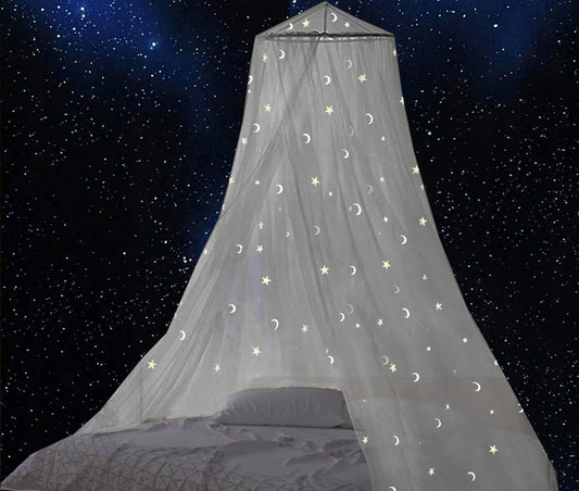 GLOW BED moskitiera do łóżeczka, baldachimu z fluorescencyjnymi gwiazdkami. Biały baldachim do łóżeczka z gwiazdkami i księżycami.