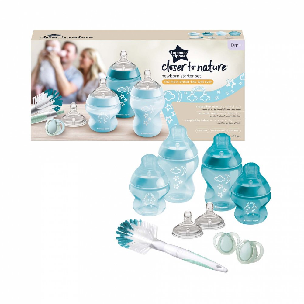 TOMMEE TIPPEE zestaw startowy butelek ANTI-COLIC closer to nature, 2 butelki, smoczki, szczotka i 2 smoczki uspokajające
