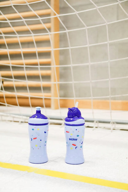 NUBY bidon x2 12m+ 18m+ 360ml niebieski zestaw 2 butelek dla niemowląt z kubkiem flip-it i pop-up cup