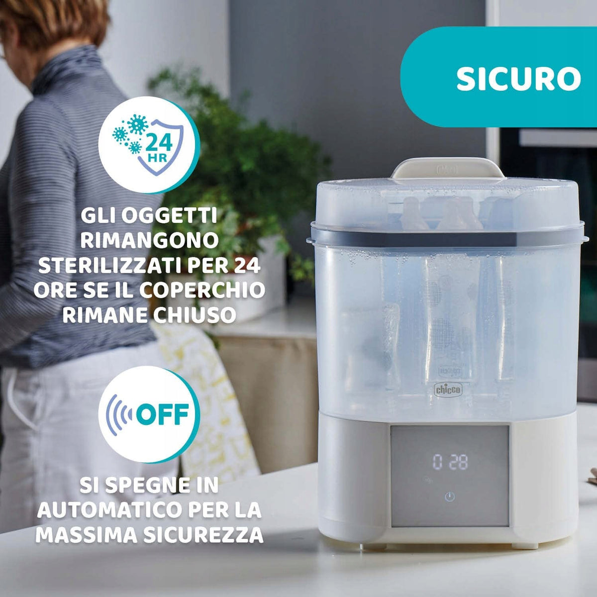 CHICCO sterylizator parowy z suszarką All in One, 24h sterylizacja i automatyczne wyłączanie dla bezpieczeństwa