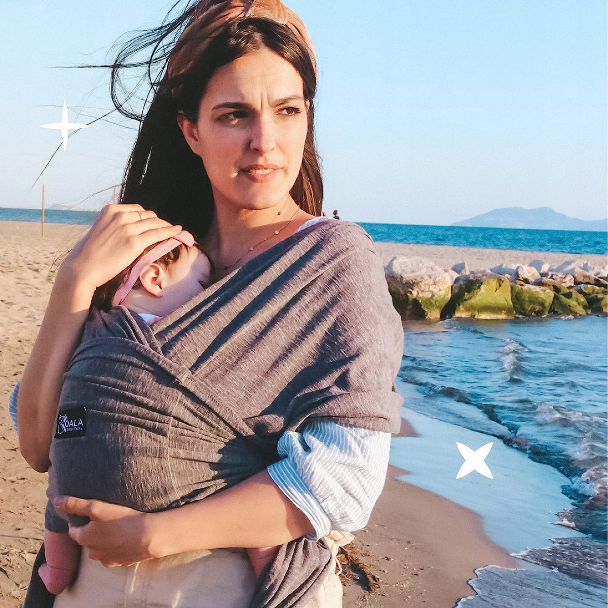 KOALA BABYCARE chusta do noszenia dziecka 2w1, szara chusta/nosidełko dla noworodka na plaży