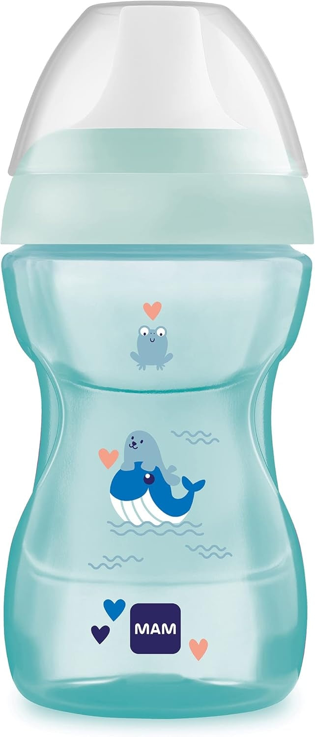 MAM Fun to Drink KUBEK 8 m+ 270 ml wieloryb, niebieski kubek do nauki picia z twardym ustnikiem