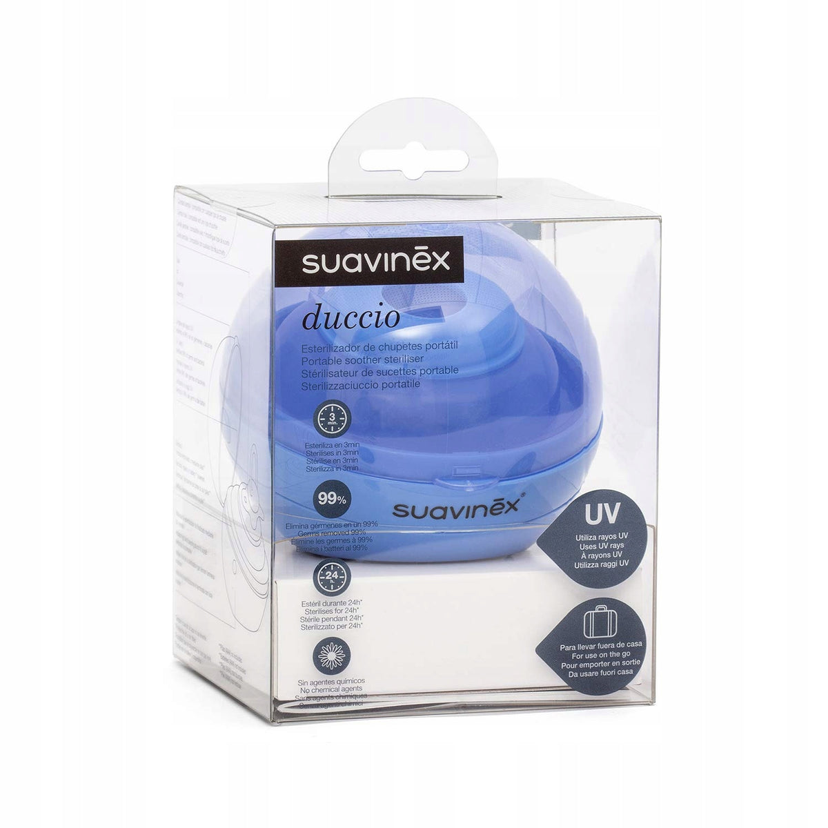 SUAVINEX Duccio STERYLIZATOR smoczków UV 9 cm, niebieski sterylizator z opakowaniem
