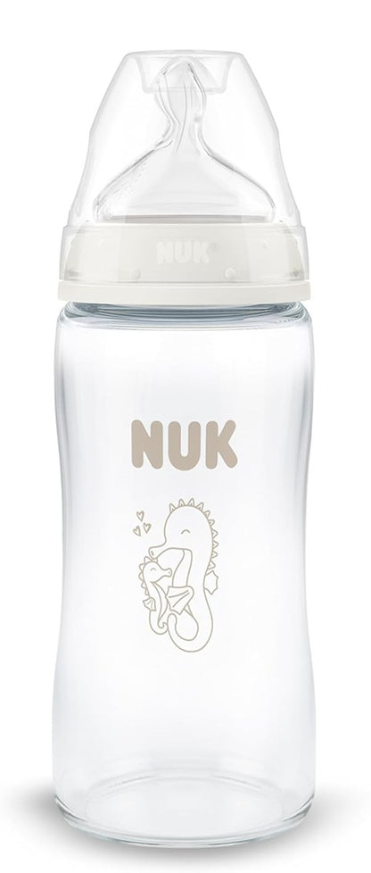 NUK First Choice butelka szklana 240 ml smoczek M 3 m+ KONIK MORSKI, antykolkowa, BPA free
