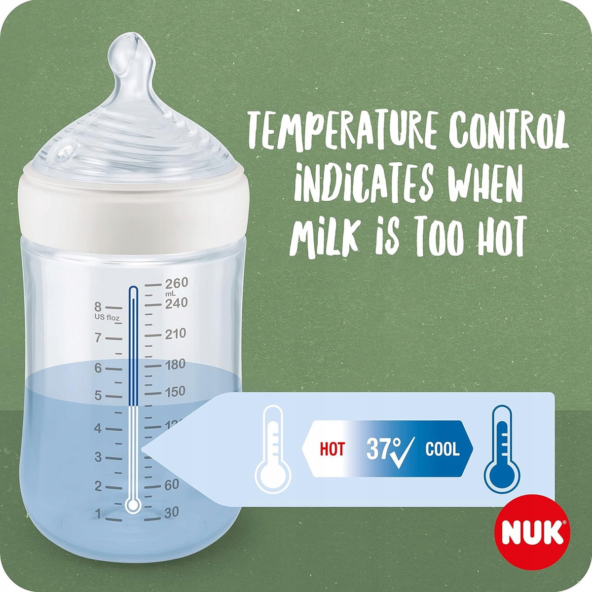 NUK for Nature zestaw 2 x butelka + smoczek kontrola temperatury, butelka 260 ml z oznaczeniem 37°C