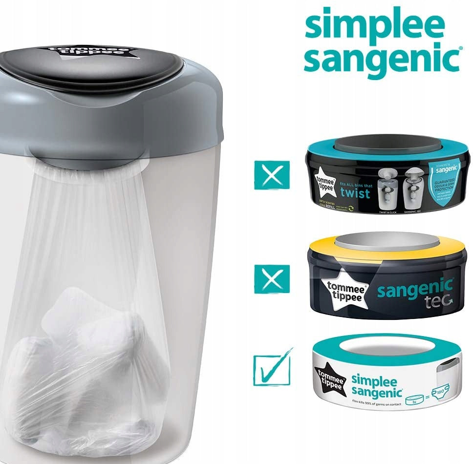 TOMMEE TIPPEE wkład SIMPLEE SANGENIC x6 do pojemnika, szary, antybakteryjny wkład przeciw zapachom