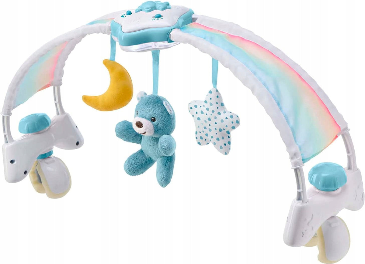 CHICCO Rainbow Sky 2w1 pałąk do wózka i pozytywka z lampką nocną, niebieski miś i zawieszki