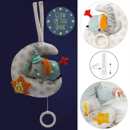 Colgante luminoso con caja de música para cochecito y cuna Elefante en la Luna