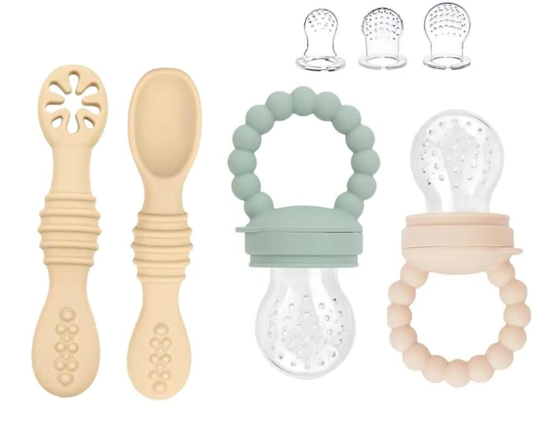 STONNY mordedor dispensador de frutas para bebés 3-24 meses 2 unidades + 6 boquillas y 2 cucharas