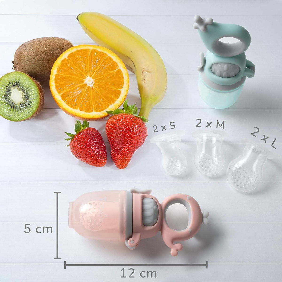 mordedor dispensador de frutas para bebés 3 m+ 2 unidades 6 boquillas