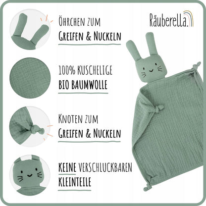 NUDU BABY zestaw muślina KOMFORTER śliniak GRYZAK, zielony, bawełna organiczna 0+