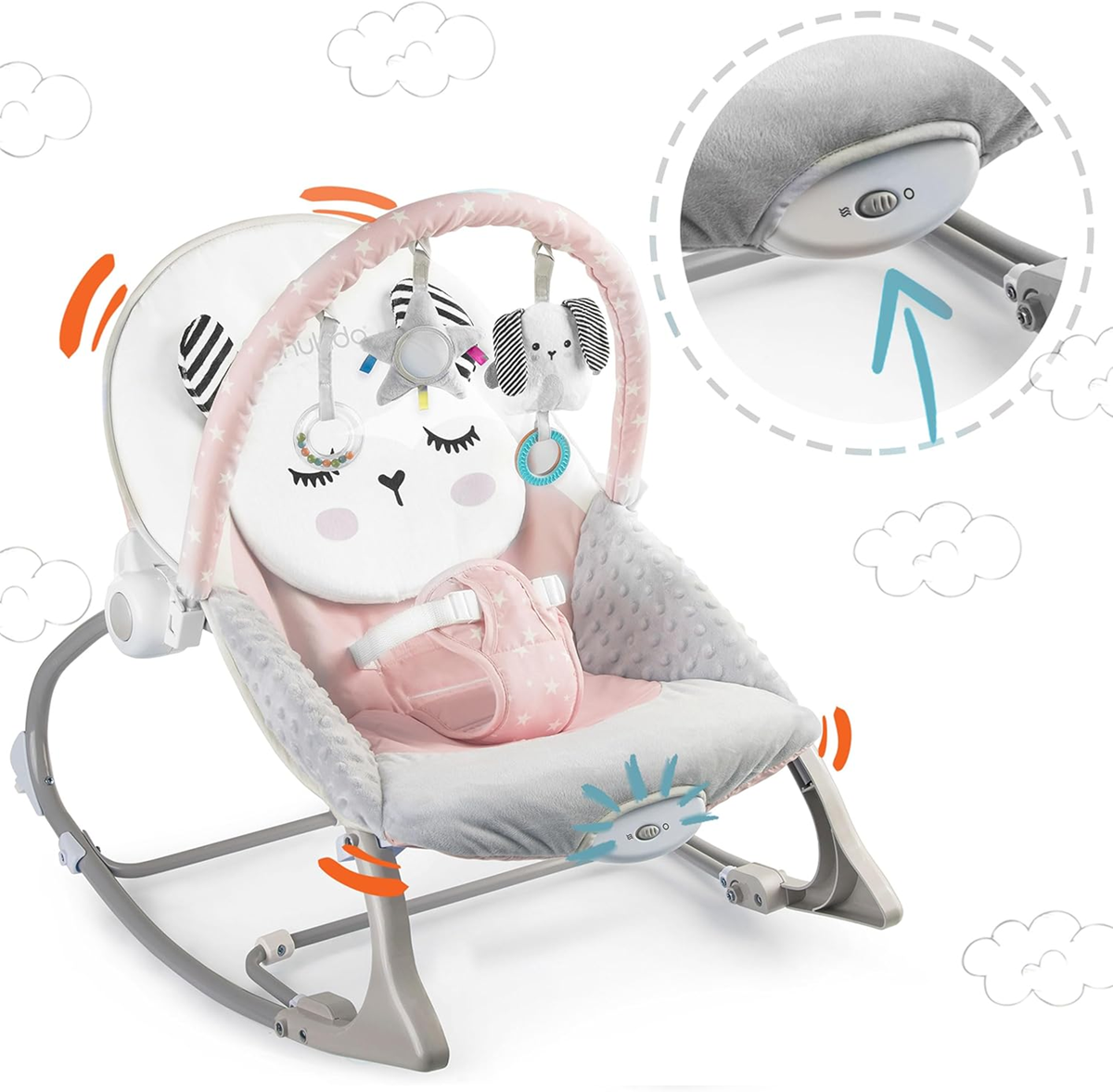 NUKIDO Silla mecedora con vibración hasta 18 kg + arco de juegos con juguetes