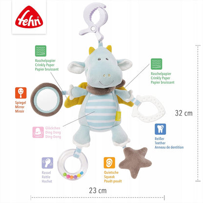 FEHN zawieszka z grzechotką SMOK 32x23 cm, wielokolorowa zabawka sensoryczna z lusterkiem, gryzakiem i szeleszczącymi elementami