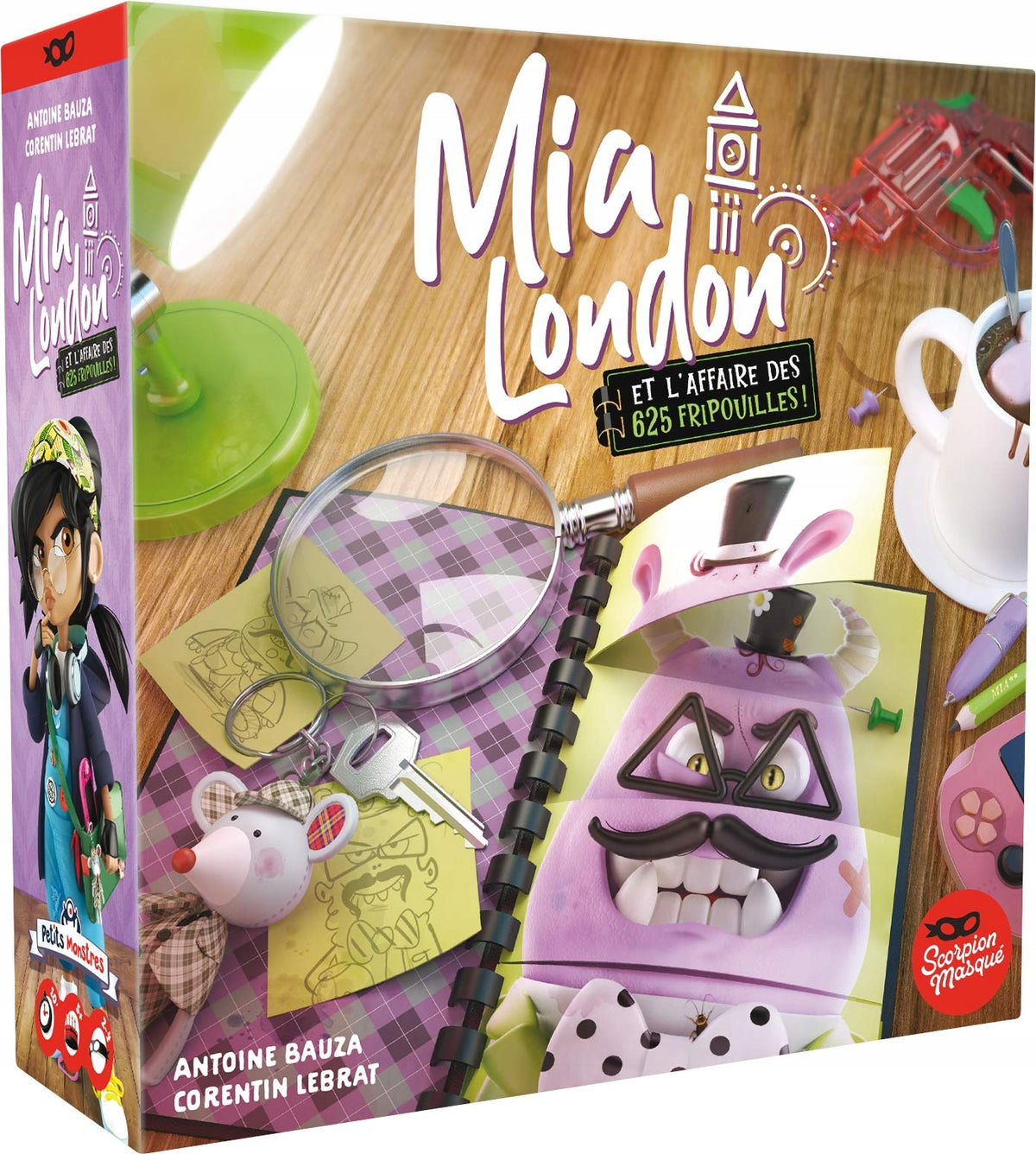 SCORPION MASQUE gra planszowa dla 4 osób MIA LONDON wersja francuska, pudełko gry z lupą i detektywem
