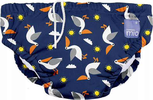 BAMBINO MIO pielucha do pływania 0-6msc niebieska z wzorem ptaków, lekka i wodoodporna