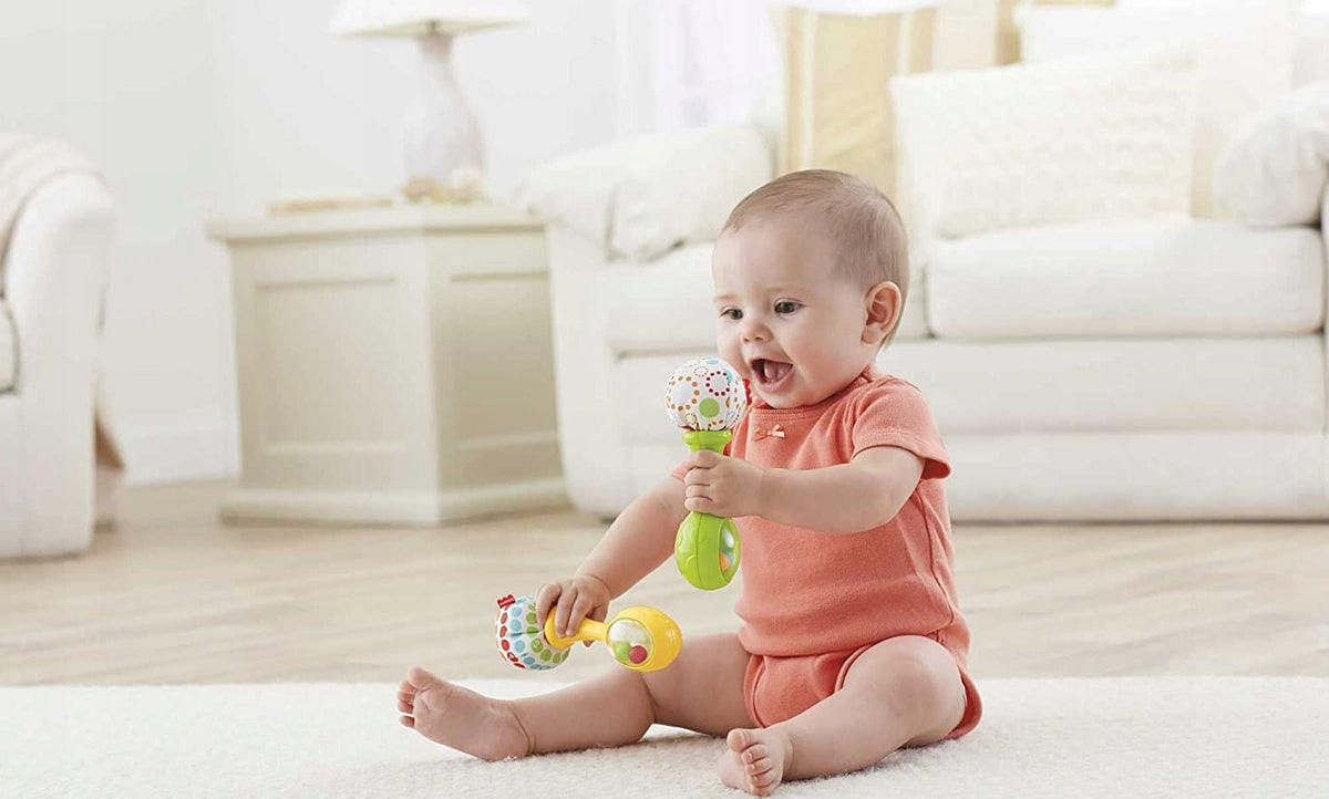 FISHER-PRICE BLT33 grzechotki marakasy 2 sztuki dla niemowląt 3 m+, żółte i zielone, sensoryczne