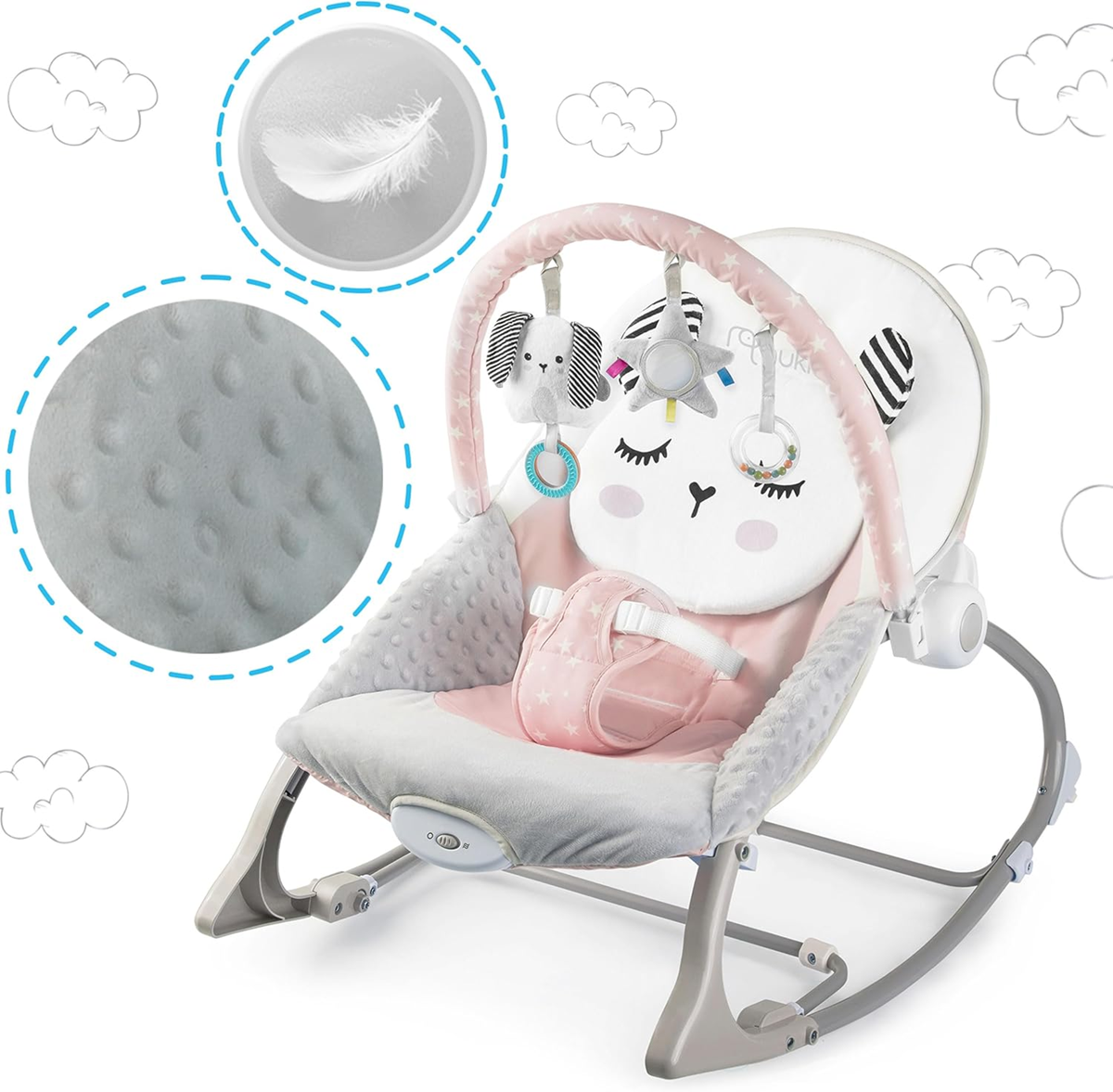 NUKIDO Silla mecedora con vibración hasta 18 kg + arco de juegos con juguetes