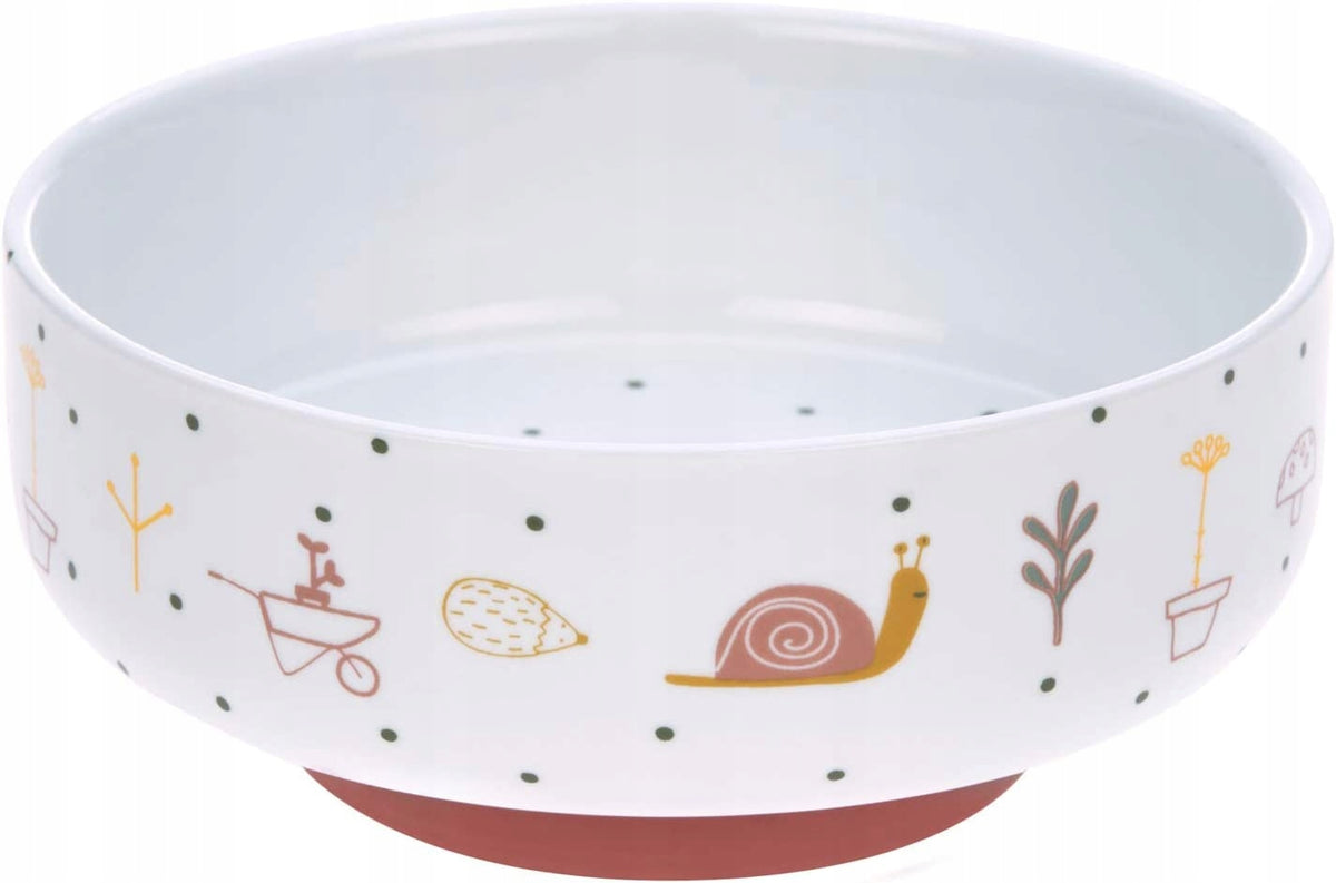 LASSIG Garden Explorer zestaw naczyń porcelanowych miska dla dzieci z motywem ślimaka i ogrodu, z silikonową podstawą
