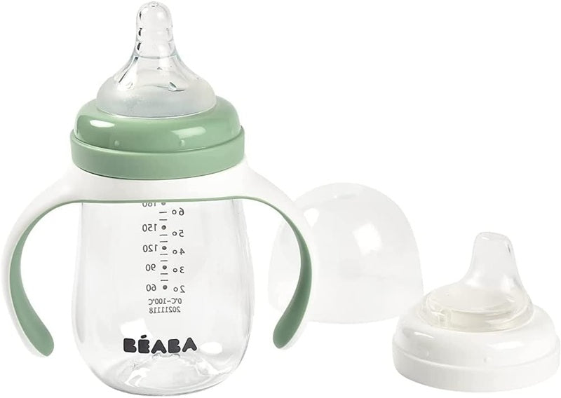 BEABA Training Bottle 2w1 kubek niekapek z dwoma ustnikami 210 ml 4 m+ z uchwytami i systemem antykolkowym