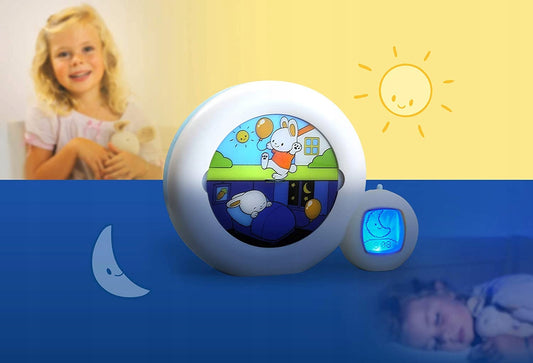 PABOBO Kid'Sleep Moon 3w1 budzik treningowy, lampka nocna i zegar dla dzieci, biało-turkusowy