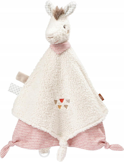FEHN Peru kocyk do przytulania LAMA 34cm, miękki biały kocyk z uchwytami i pierścieniem na smoczek