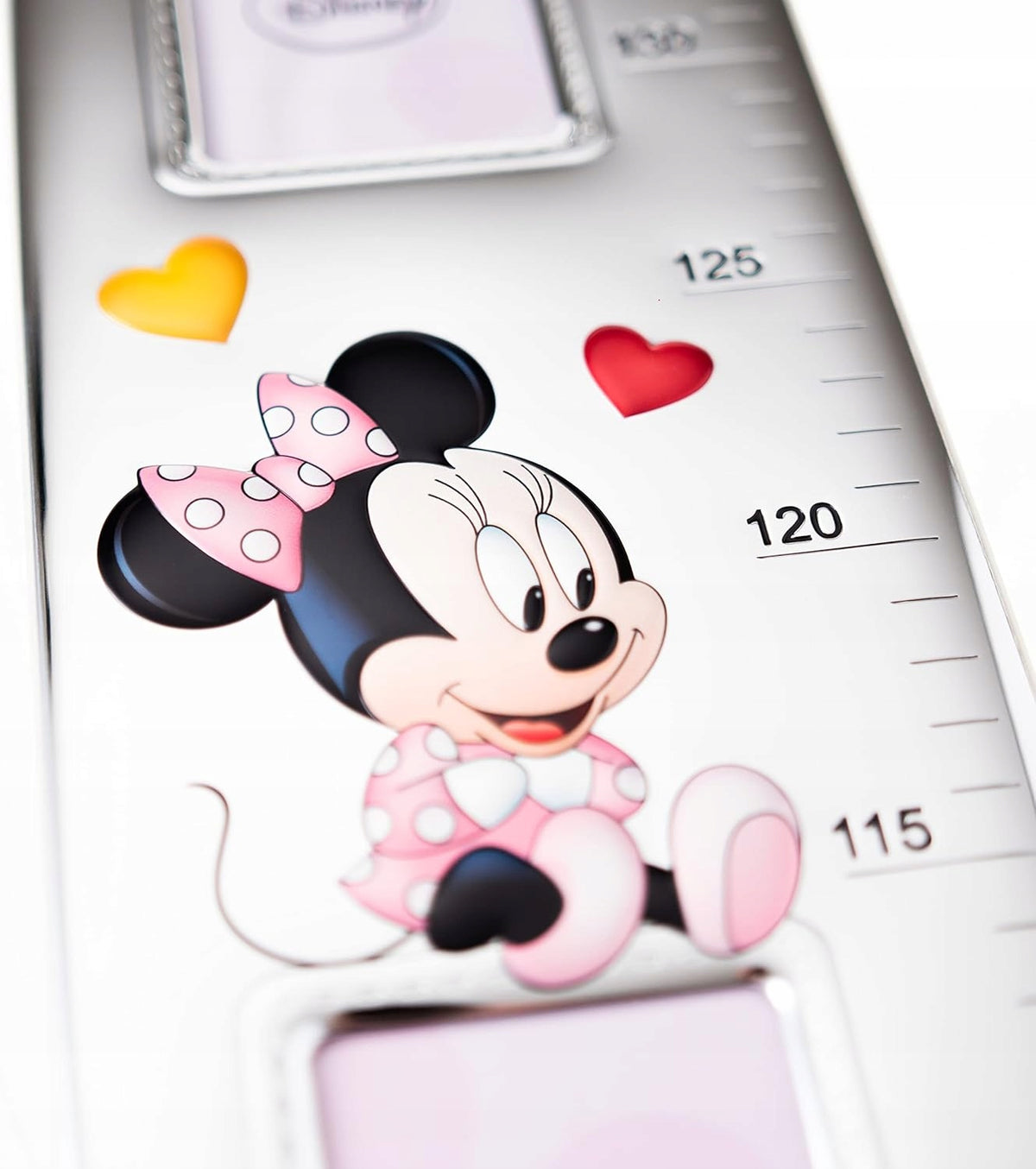 VALENTI Disney Minnie miarka wzrostu ze srebra i drewna 140 cm, srebrna miarka z okienkami na zdjęcia