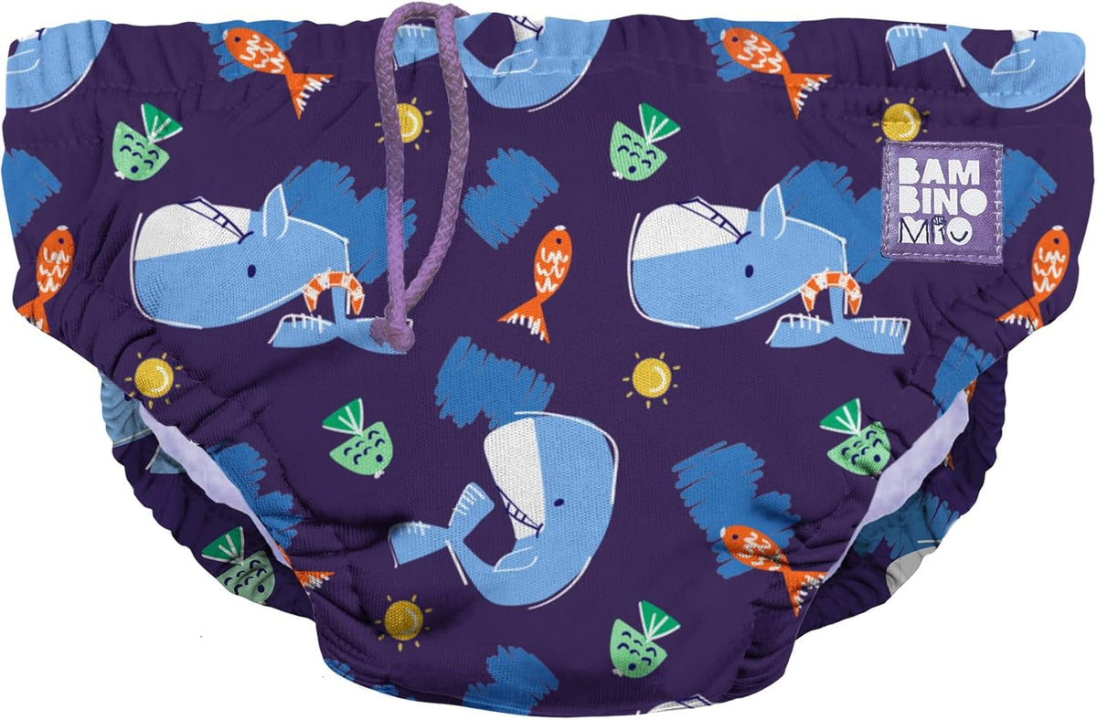 Bambino Mio pieluszka do pływania 0-6m z wzorem wielorybów, wielorazowa, szybkoschnąca pieluszka dla niemowląt 5-7 kg