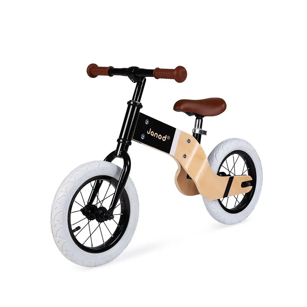 JANOD Bikloon Deluxe drewniany rowerek biegowy 12" siodełko 40-46 cm, czarno-brązowo-biały