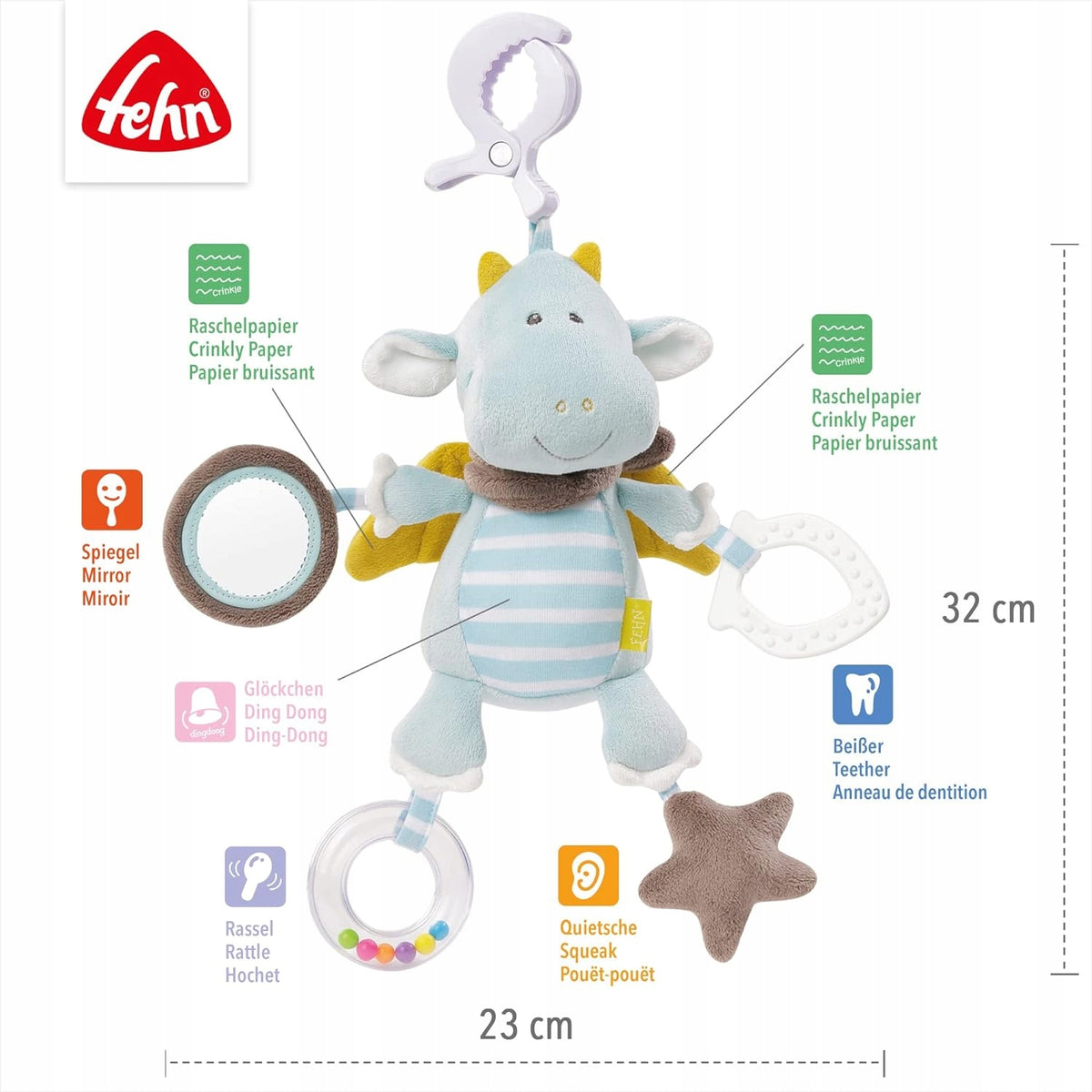FEHN zawieszka z grzechotką SMOK 32x23 cm, pluszowy smok z lusterkiem, gryzakiem i szeleszczącymi elementami