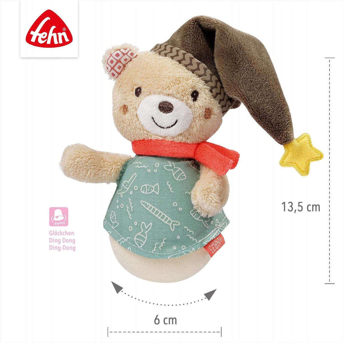 FEHN Miś Bruno wańka WSTAŃKA 14cm grzechotka, pluszowa zabawka dla niemowląt 0+ z dzwoneczkiem