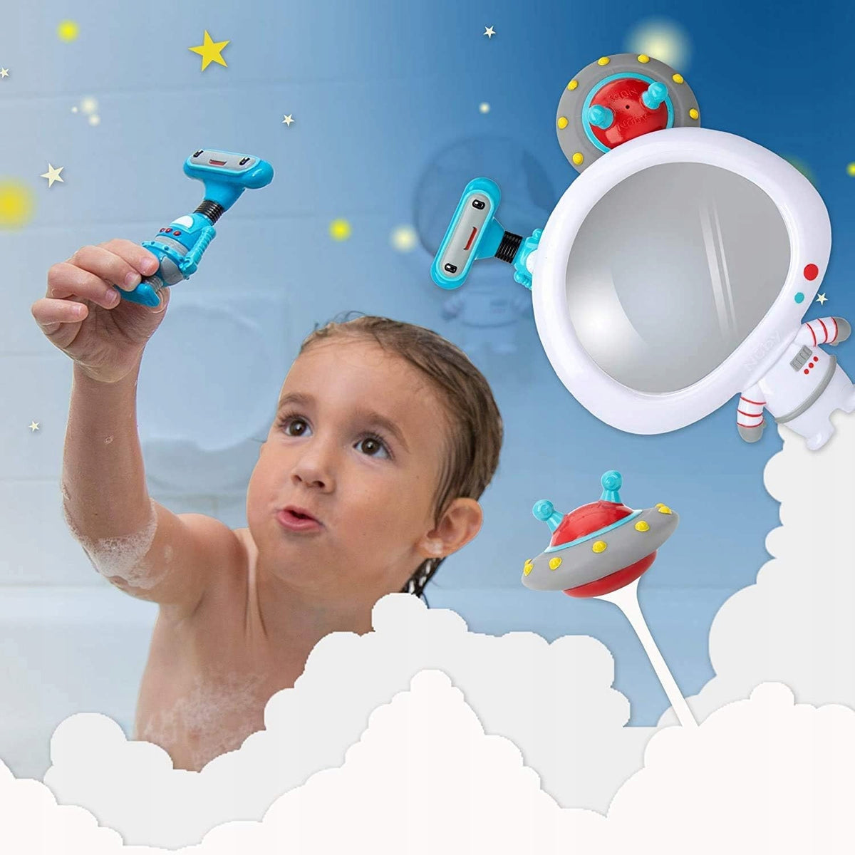 NUBY lusterko z przyssawką + 2 zabawki do kąpieli dla dzieci 12m+, białe, z motywem UFO i przyssawkami