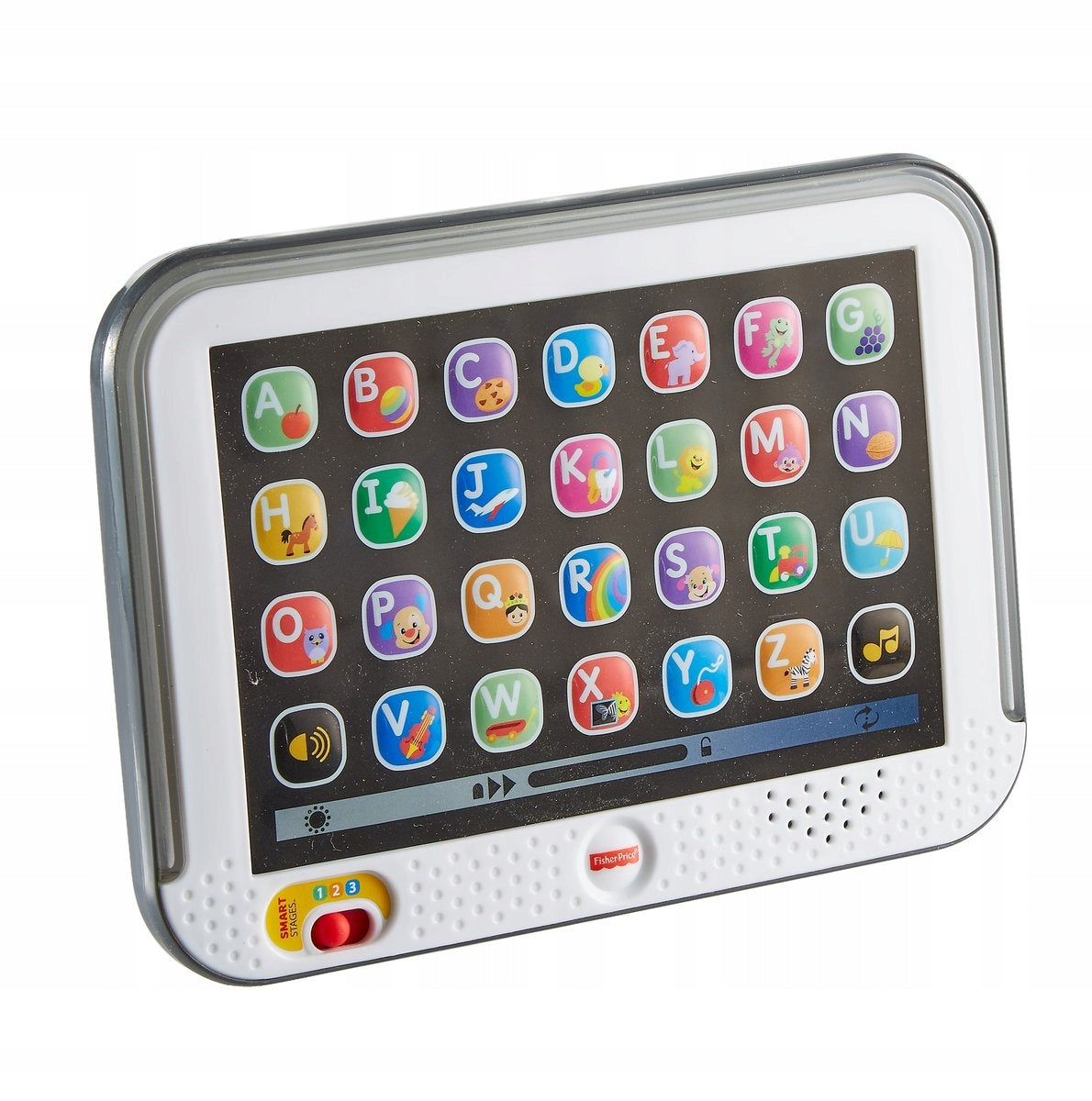 FISHER-PRICE tablet interaktywny J.NIEMIECKI z literami A-Z, muzyką i 28 przyciskami, używany