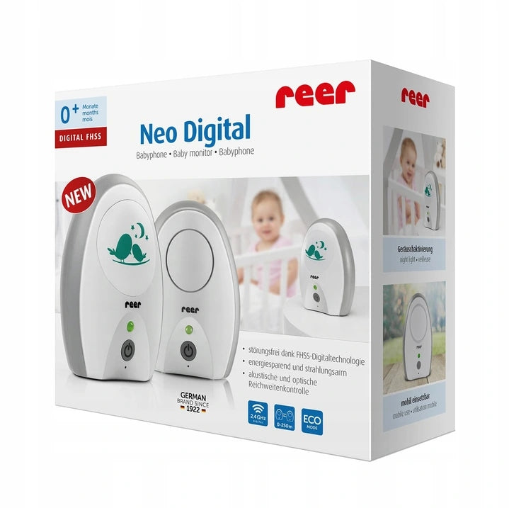REER Neo Digital cyfrowa niania elektroniczna w białym i szarym opakowaniu, monitor dla niemowląt z zestawem USB i zasilaczem