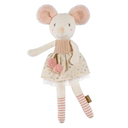 Przytulanka FEHN Maus w kształcie myszki, w jasnej sukience w kolorowe kropki, z pomponami i różowymi pasami na nogach.