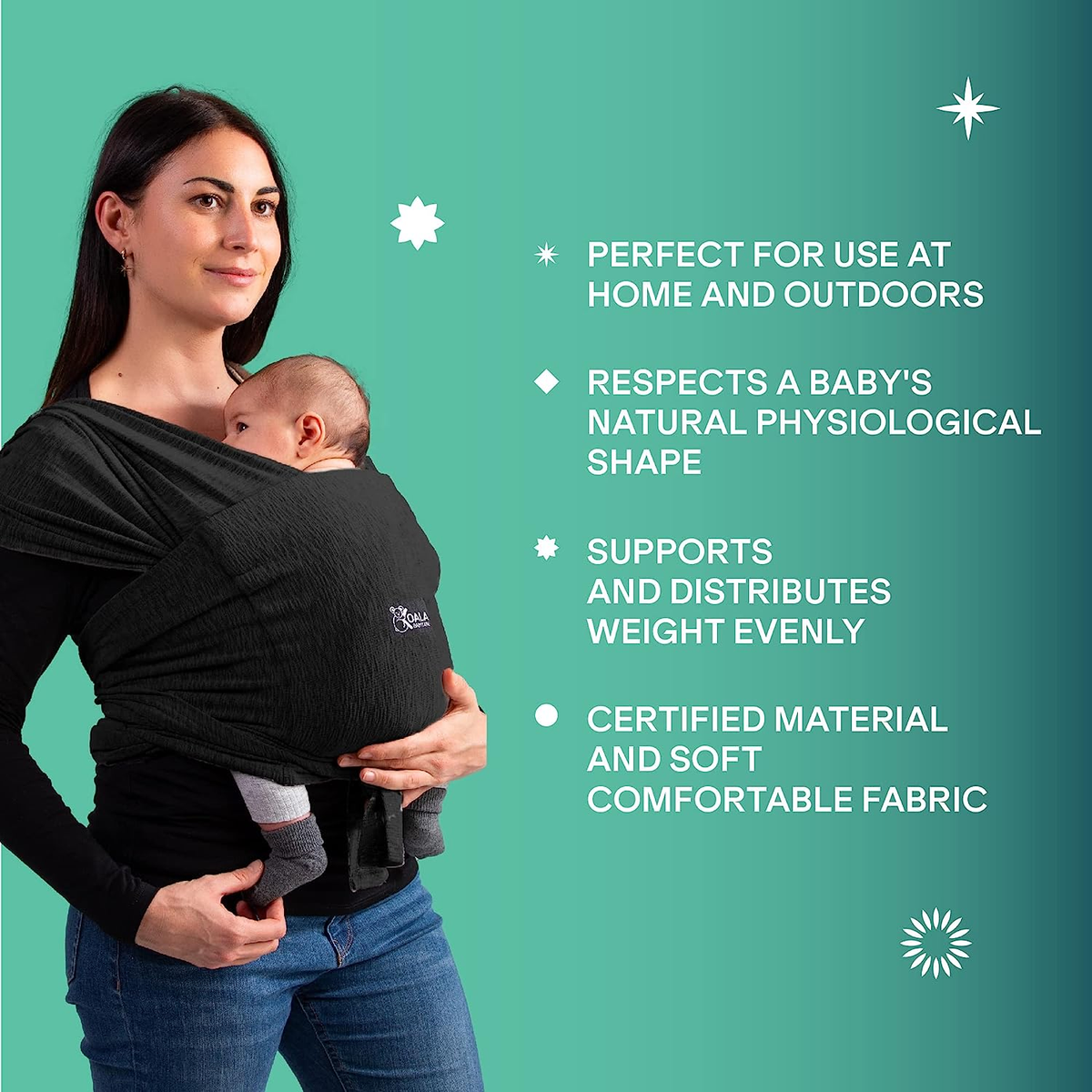 KOALA BABYCARE chusta do noszenia dziecka 2w1 czarna, ergonomiczne nosidełko dla niemowląt 0m+, wygodne i certyfikowane