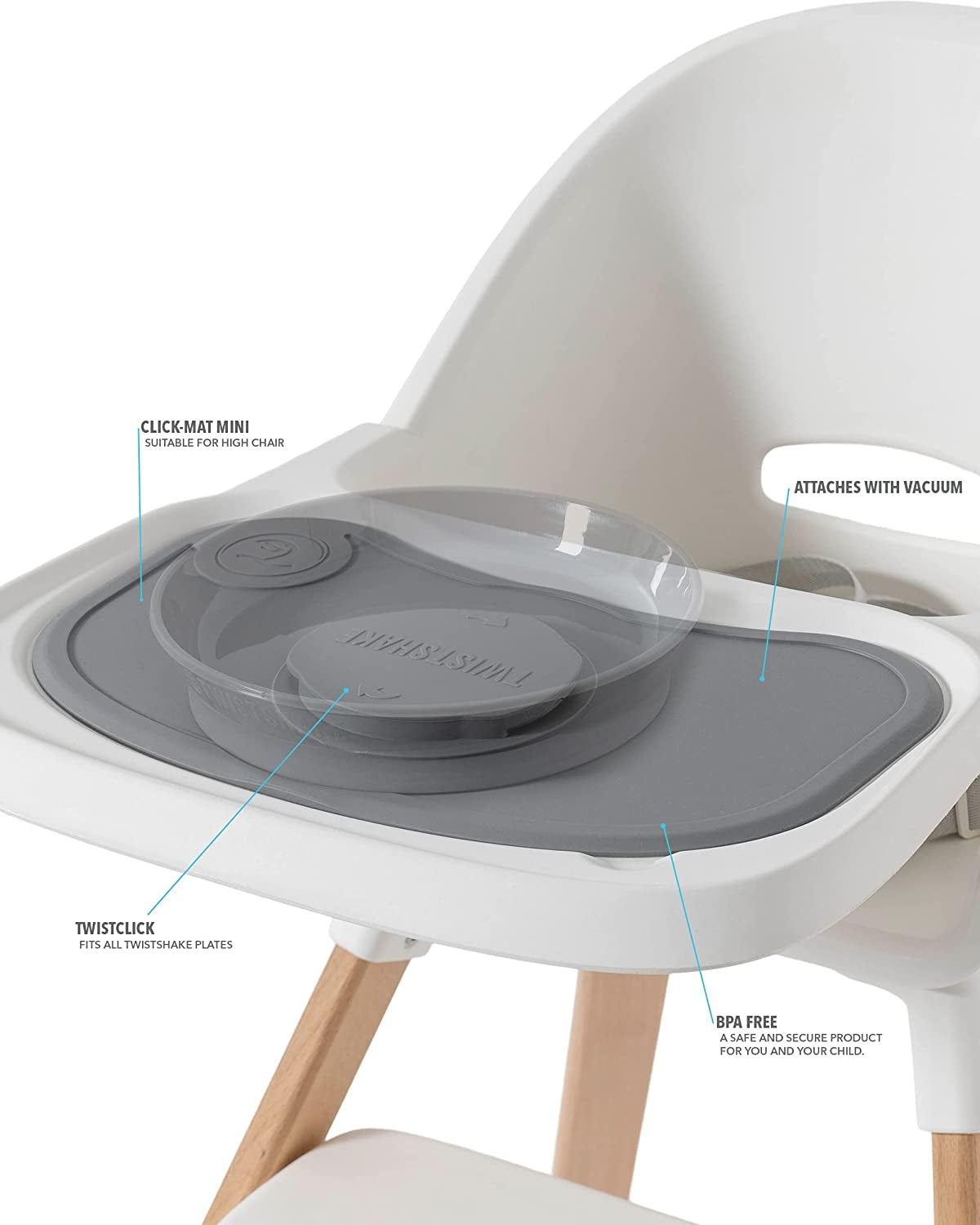TWISTSHAKE mata CLICK MAT MINI + miseczka 6msc+ szara mata silikonowa do krzesełka z miseczką, BPA free