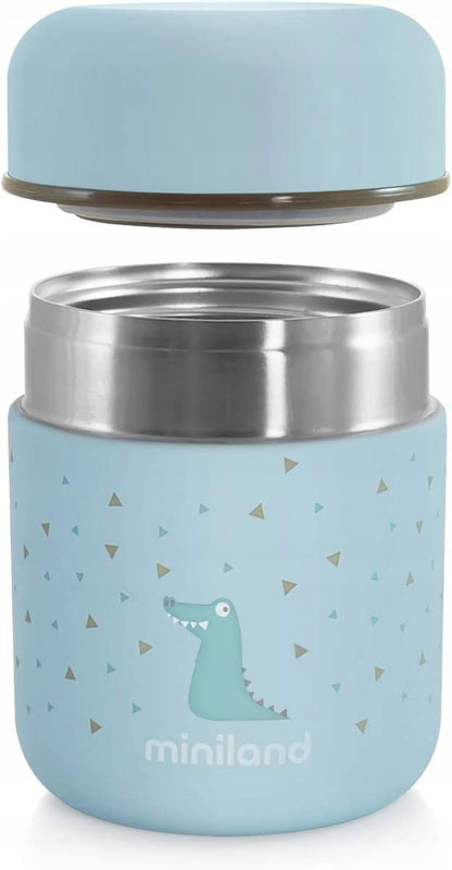 MINILAND Food Thermy Mini stalowy termos obiadowy 280 ml, niebieski termos dziecięcy z motywem dinozaura