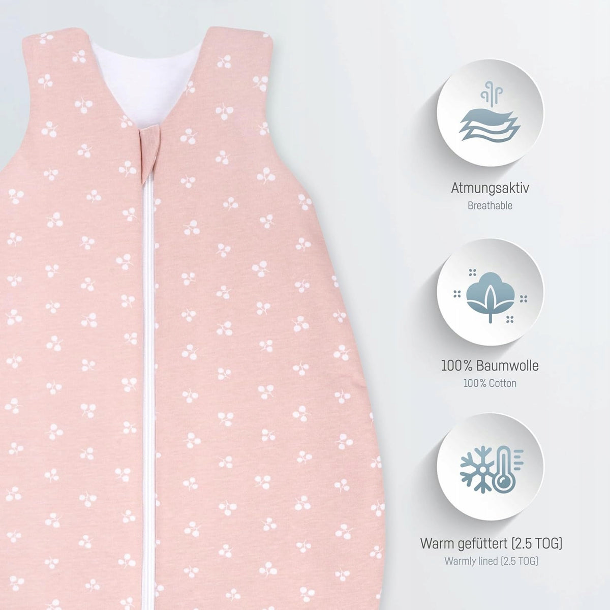 JULIUS ZOLLNER śpiworek całoroczny 2,5TOG r.74 różowy, oddychający, 100% bawełna, ciepły śpiwór dziecięcy