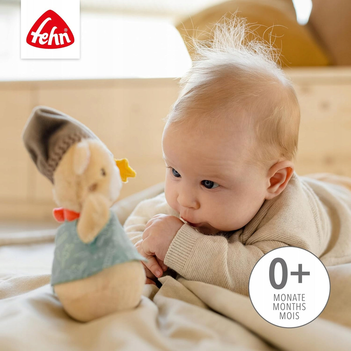 FEHN Miś Bruno wańka WSTAŃKA 14cm grzechotka dla niemowląt 0+, wielokolorowa, bezpieczna zabawka pluszowa