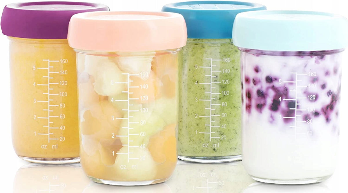 BABYMOOV Babybols pojemniki SZKLANE 4x220ml, zestaw 4 szklanych pojemników na żywność dla niemowląt z pastelowymi nakrętkami