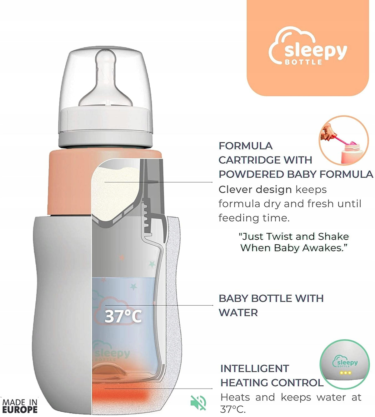 SLEEPY BOTTLE zestaw startowy podgrzewacz z butelk. Butelka dla niemowląt z podgrzewaniem do 37°C i pojemnikiem na mleko.