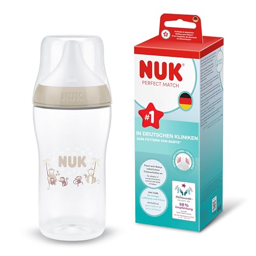 NUK Perfect Match butelka antykolkowa 260 ml 3m+ z wskaźnikiem Temperature Control i motywem małpki