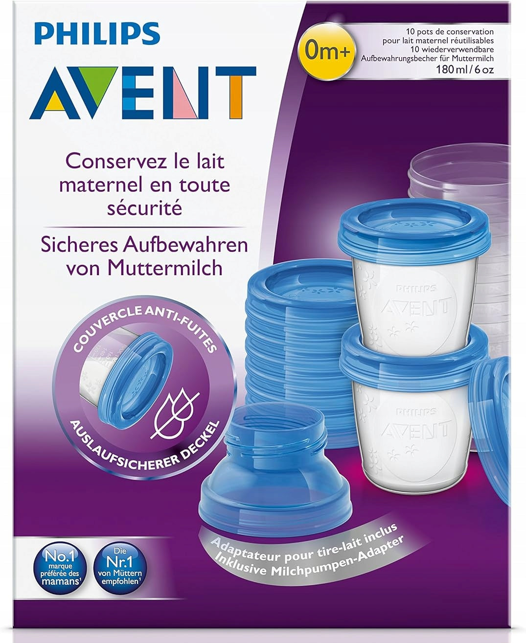 PHILIPS AVENT pojemniki na żywność x10 +adaptery, 0m+, 180ml, niebieskie pokrywki, BPA free
