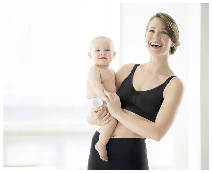 MEDELA biustonosz do karmienia KOMFORT +wkładki S "N czarny biustonosz dla karmiącej mamy z dzieckiem