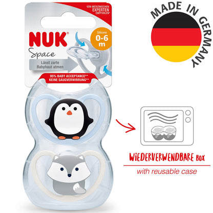 NUK Space smoczek uspokajający silikon x2 0-6msc +box, niemiecki, z etui do sterylizacji