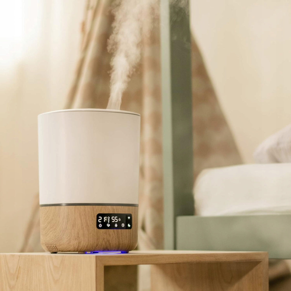 MAXI-COSI Breathe zdalny nawilżacz powietrza 24 h aplikacja Connected Home, biało-drewniany z wyświetlaczem